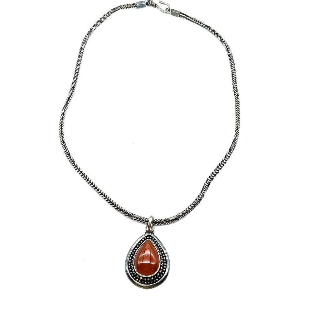Vintage Sterling Silver Ornate Teardrop Carnelian Pendant On Sterling Silver